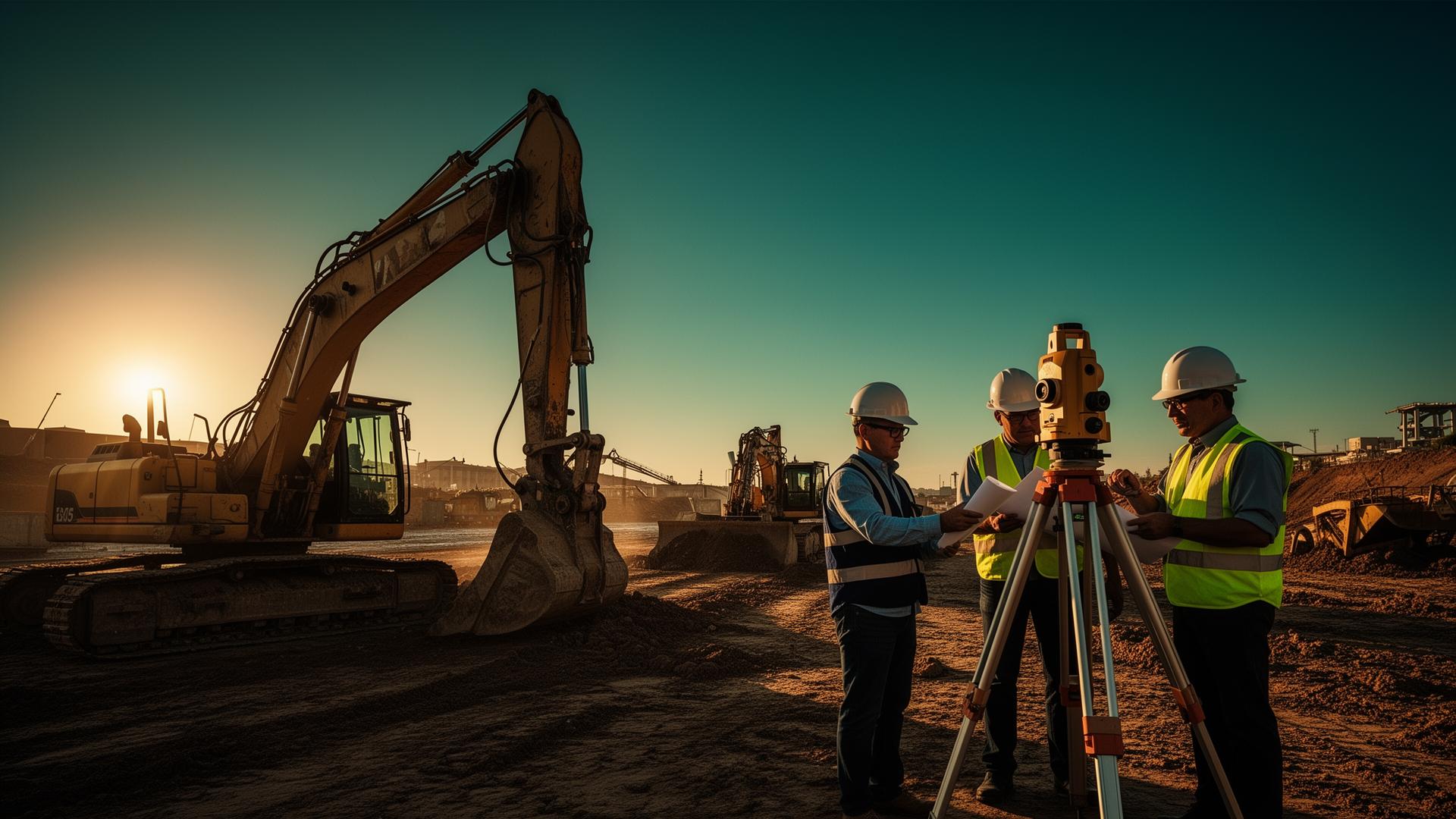 Equipe de engenharia em obra ao amanhecer
